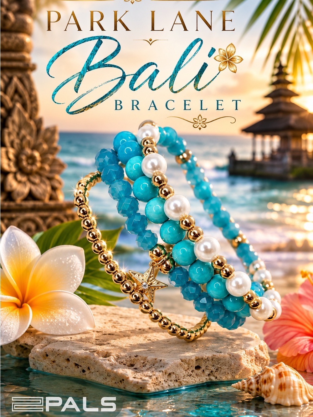 Park Lane Wimens Bali Bracelet Stack Turquoise Pearl Gold Stretch Star Charm NWT